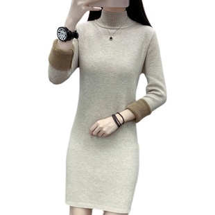 秋冬加厚保暖一体绒打底毛衣女半高领长袖加绒中长款针织衫连衣裙