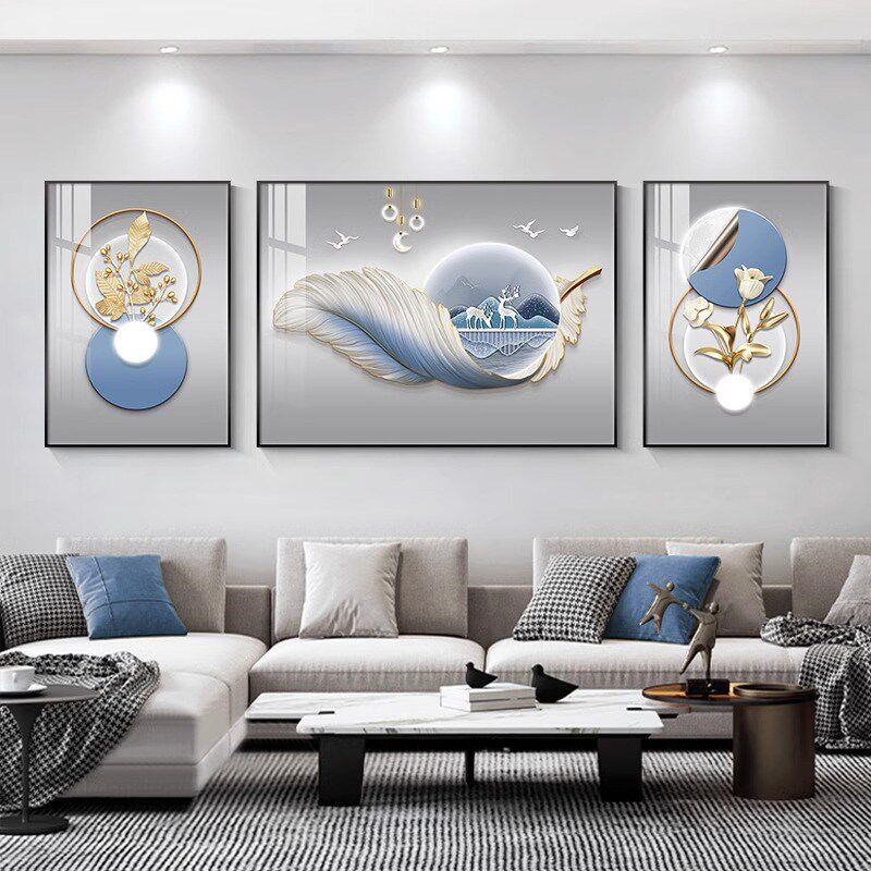 客厅山水画沙发背景墙挂画轻奢高级感装饰画大气蓝色抽象三联壁画