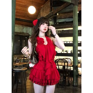 南理香罗斯林玫瑰 夏日绝美海边度假红色两件套女夏性感挂脖上衣