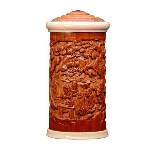 拆房老竹雕茶叶筒张念超本工茶叶罐渔樵耕读茶筒竹制密封罐存茶罐