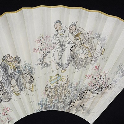 纯手绘扇面桃园结义图刘关张工笔人物画中国风95寸18方折扇用苏工