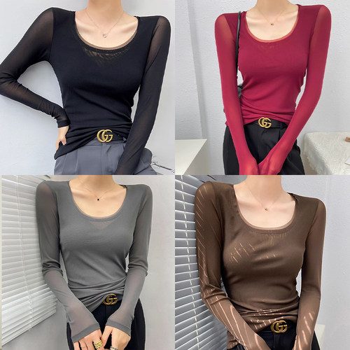 低领微透打底衫女今年流行的新款薄款内搭网纱长袖t恤u领上衣薄