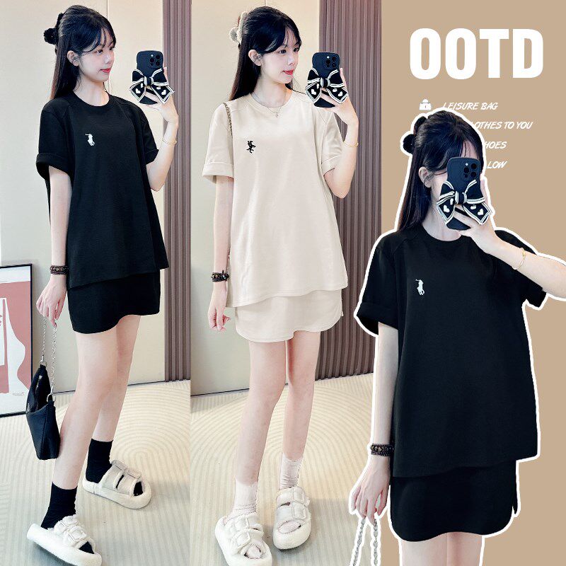 孕妇装夏款2025新款套装慵懒风短袖T恤上衣夏季小个子短裙两件套