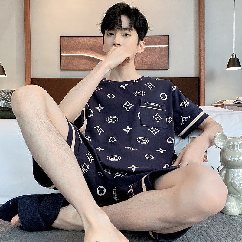 2025年新款纯棉睡衣男士短袖五分裤夏季薄款全棉可外穿家居服套装