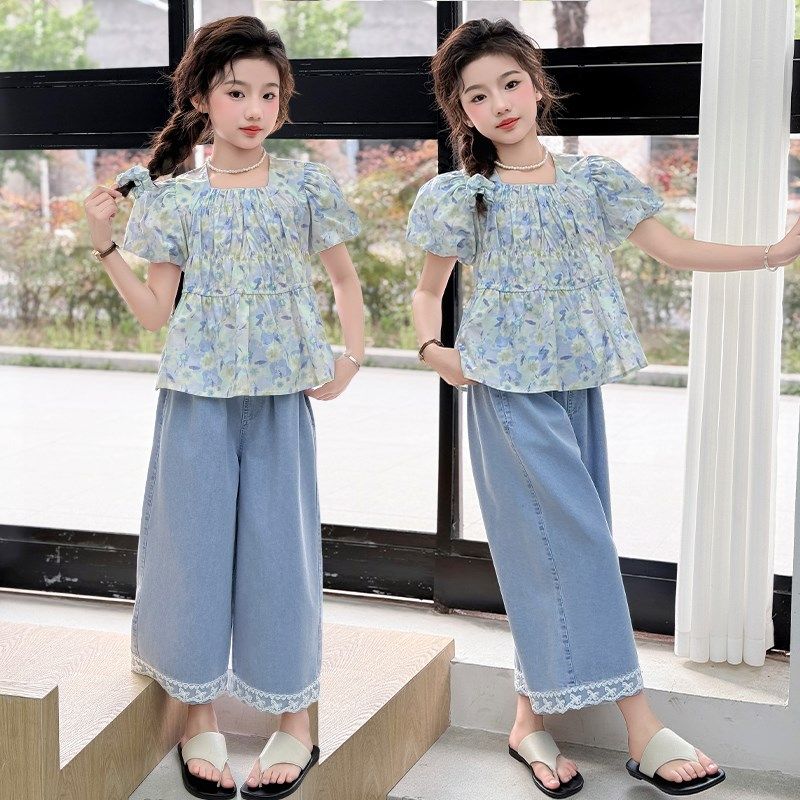 女童夏装套装2025新款甜美风透气儿童短袖碎花娃娃衫阔腿裤两件套