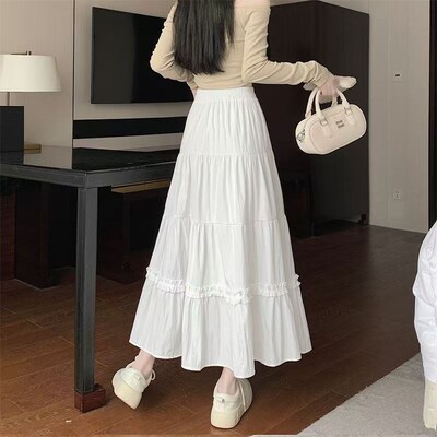 白色a字裙,中长裙,百搭女裙,可爱显瘦和减龄百褶裙,饼裙