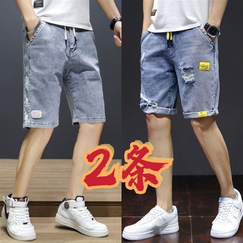 男士牛仔短裤子夏季薄款5分男裤宽松潮牌五分中裤松紧腰拼接马裤