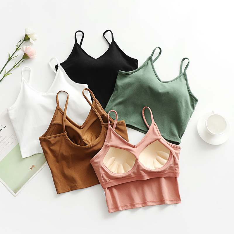 新款带胸垫纯棉内搭短款露脐背心美背抹胸吊带外穿打底内衣女夏