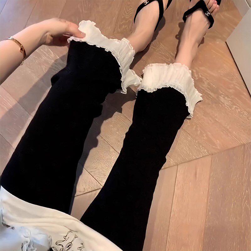 小个子花边孕妇阔腿裤微喇叭裤夏季新款弹力显瘦七分直筒打底裤