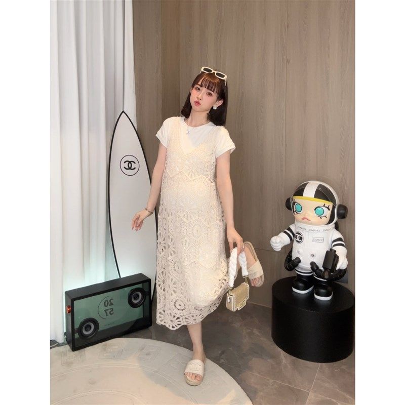 【白塔海音】娜娜的孕期穿搭夏孕妇装镂空绣花吊带裙短袖套装裙子