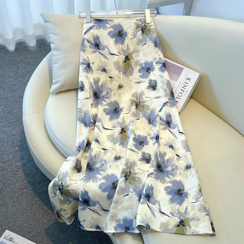 醋酸碎花半身裙女2025夏薄款新款法式中长款蓝色松紧腰印花鱼尾裙