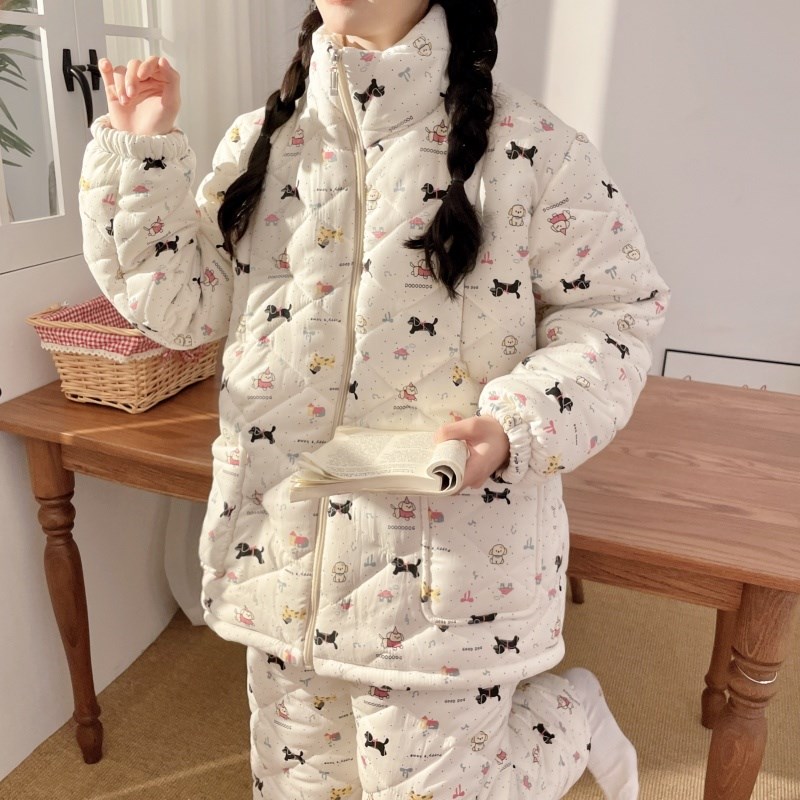 孕妇睡衣秋冬款加厚加绒三层夹棉孕期专用家居服产后哺乳坐月子服