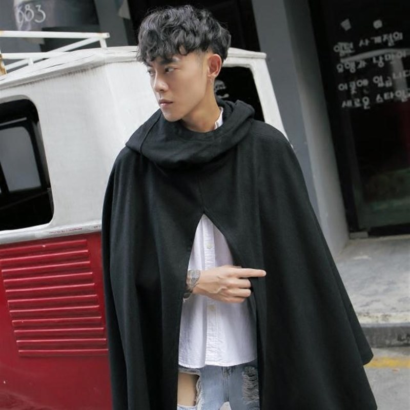 冬季连帽毛呢大衣中长款宽松披肩呢子大衣男披风斗篷大码男外套
