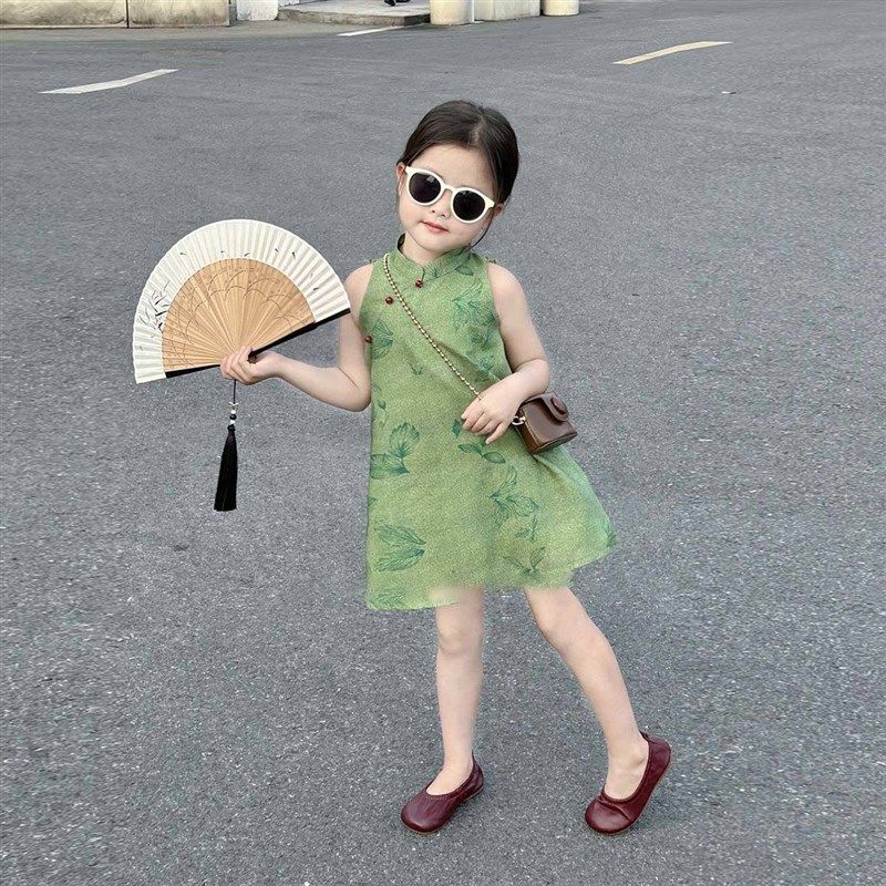 童装夏季女童复古显白绿色中式旗袍裙2024新款儿童国风连衣裙