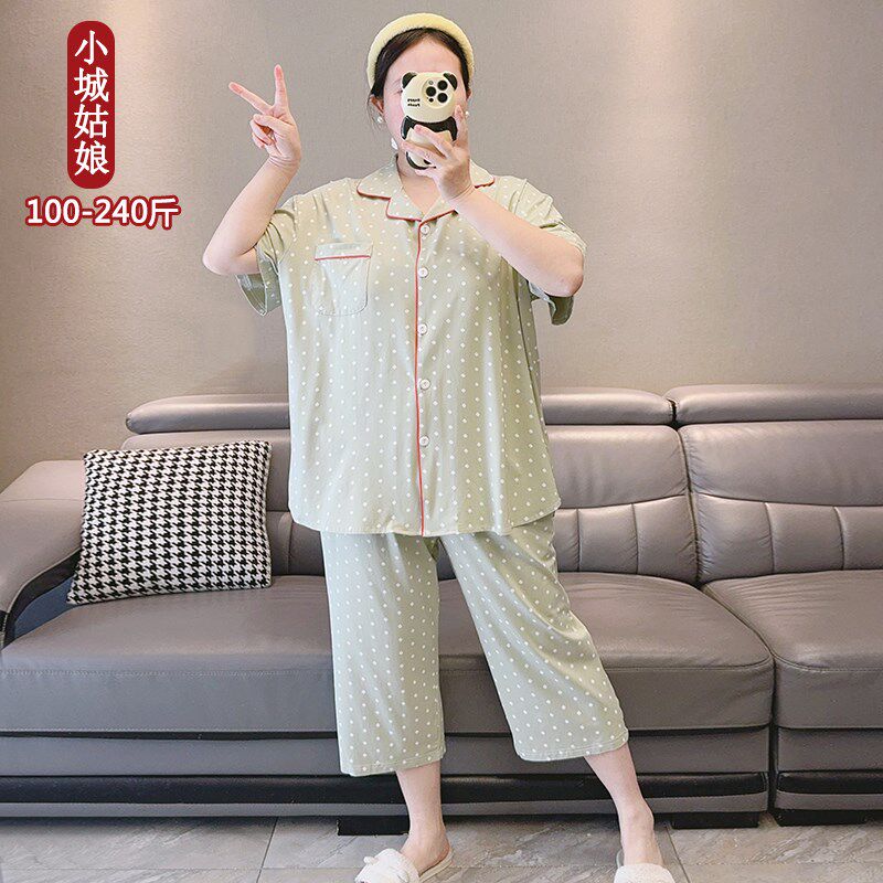纯棉波点开衫短袖夏季睡衣女大码带胸垫显瘦舒适七分裤家居服套装