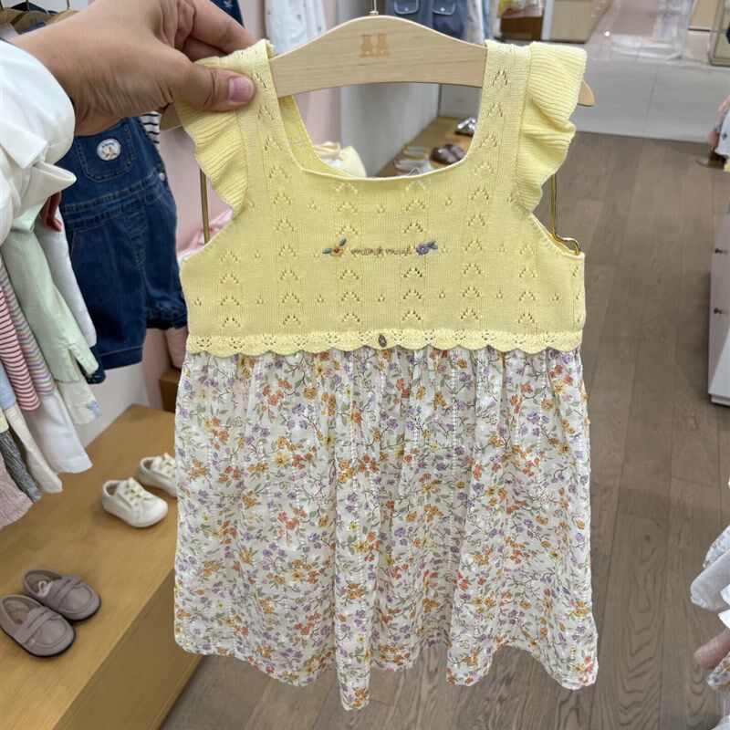 韩国童装25夏新款女童宝时尚洋气碎花拼接针织假两件连衣裙背心裙