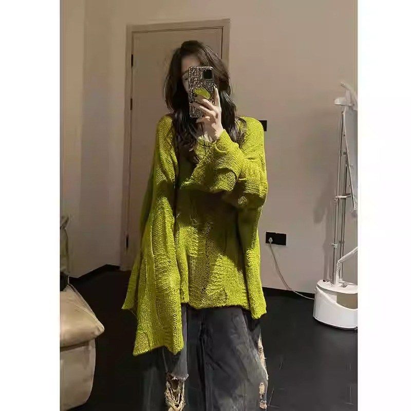 复古冷淡系绿色镂空针织衫毛衣女早秋季设计感宽松休闲慵懒风上衣