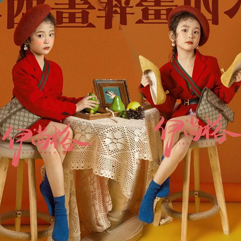 女童舞台走秀潮服港风模特T台比赛儿童演出服小童红色加长西装裙