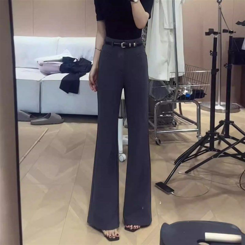 灰色韩系气质微喇西装裤女夏薄2025新款高腰垂感不贴腿喇叭拖地裤