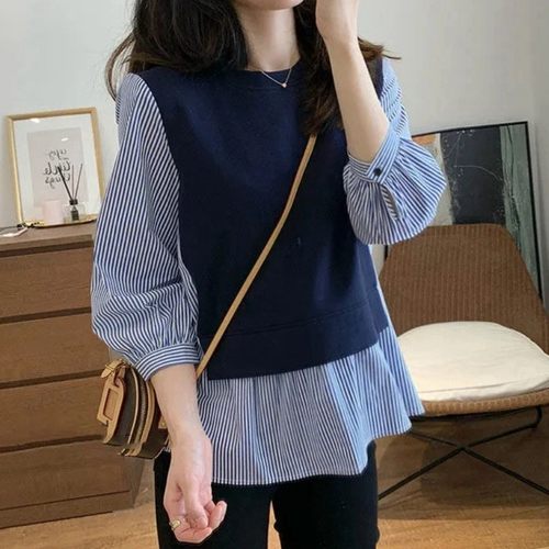 哺乳上衣外出辣妈款长袖秋装假两件条纹衬衫卫衣哺乳衣春秋寄外穿