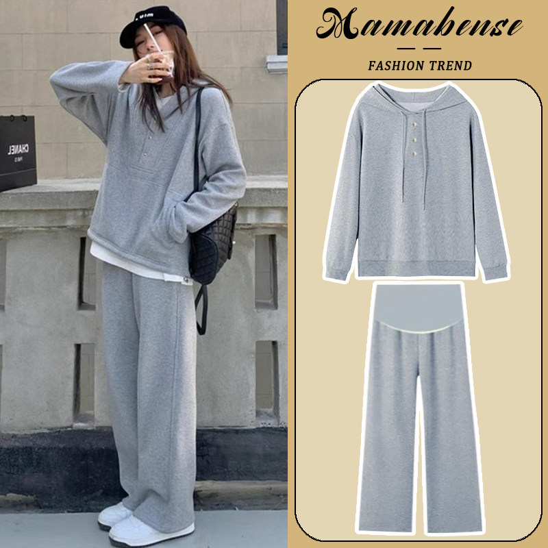 孕妇套装时尚洋气时髦灰色休闲运动卫衣卫裤两件套2024新款春秋女