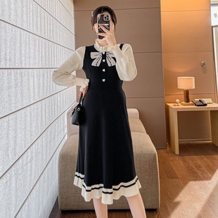 秋装 孕妇裙秋冬装 时尚 针织连衣裙2024新款 怀孕裙子 拼色长袖 孕妇装