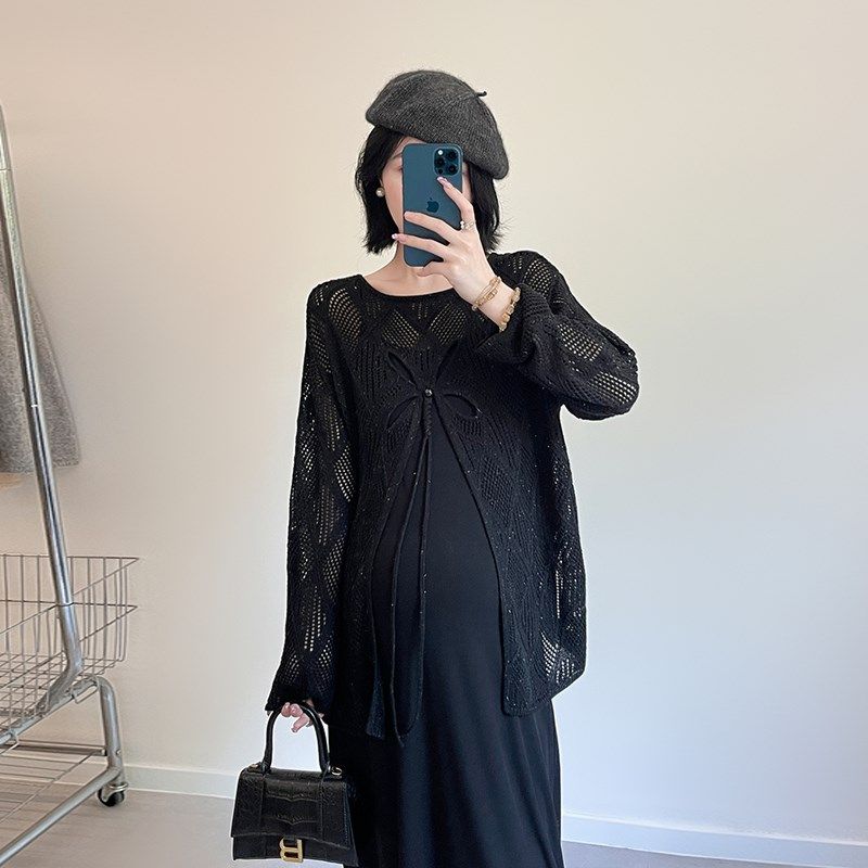 前后两穿孕妇装秋季套装镂空圆领针织衫上衣罩衫吊带连衣裙两件套