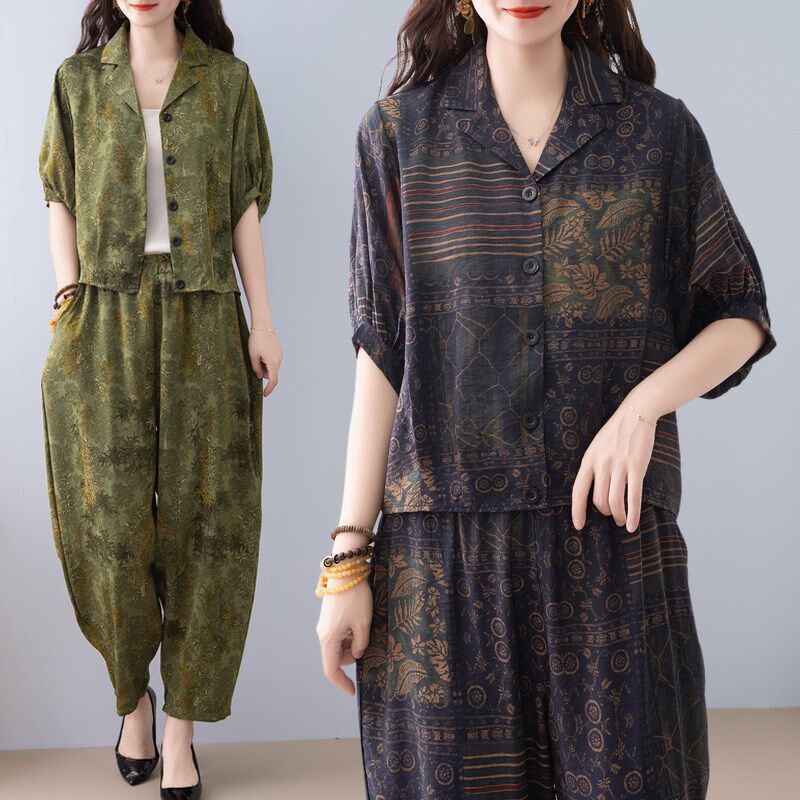 时尚休闲印花短袖套装女夏季新款洋气妈妈装宽松显瘦灯笼裤两件套