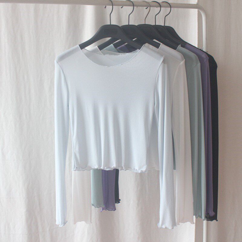 修身短款圆领长袖网纱T恤女夏季百搭轻薄速干打底衫冰丝防晒内搭