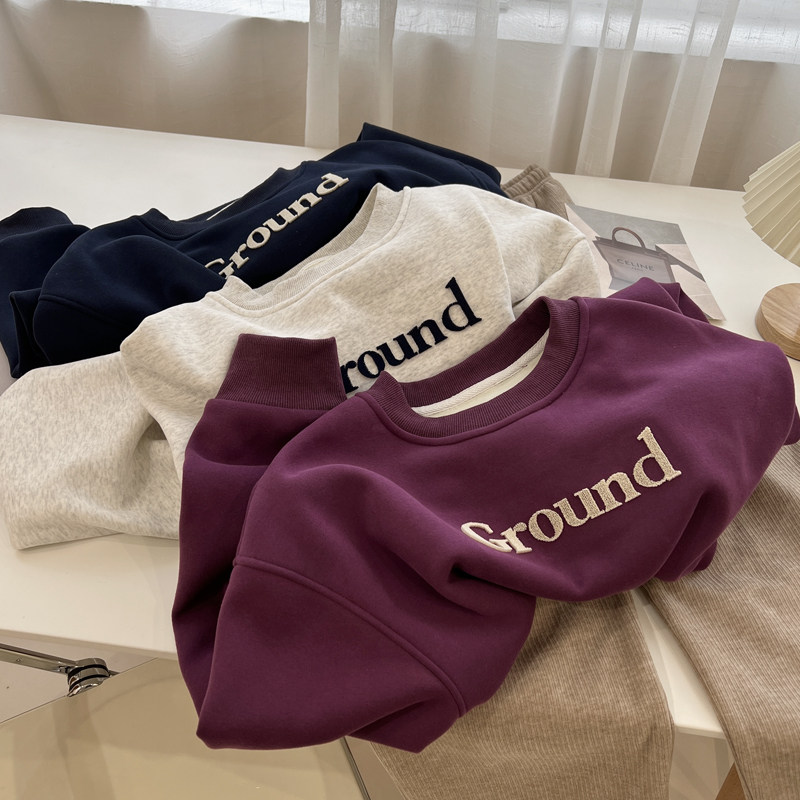 韩版加绒加厚灰色立体字母圆领套头卫衣女宽松慵懒风秋冬保暖上衣