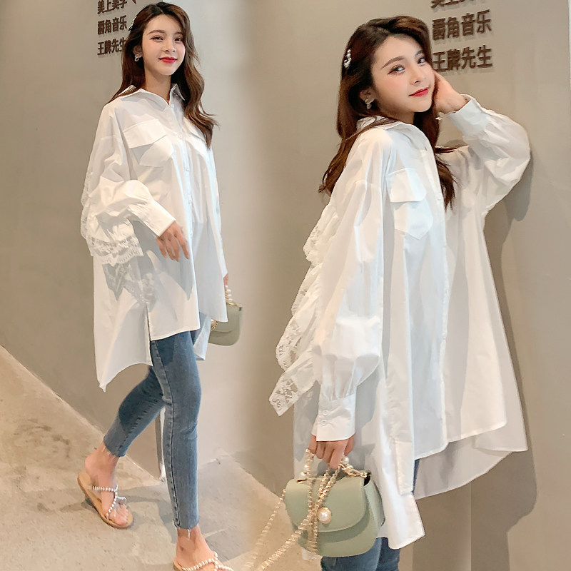 孕妇装秋装套装时尚款春秋款连衣裙上衣中长款大码长袖白色衬衫裙