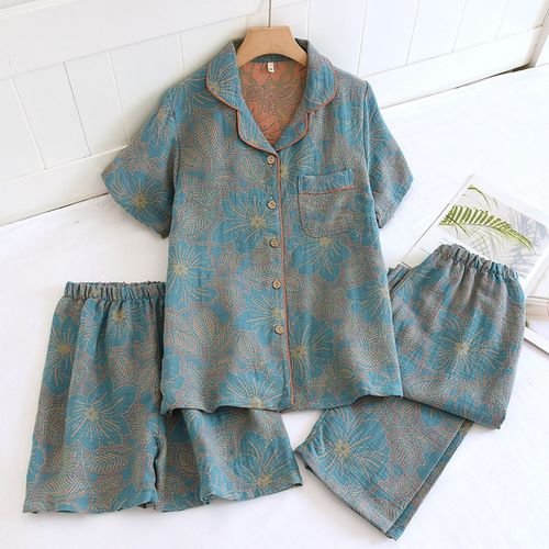 三件套睡衣女士纯棉纱布短袖长裤短裤全棉麻中老年妈妈夏季家居服