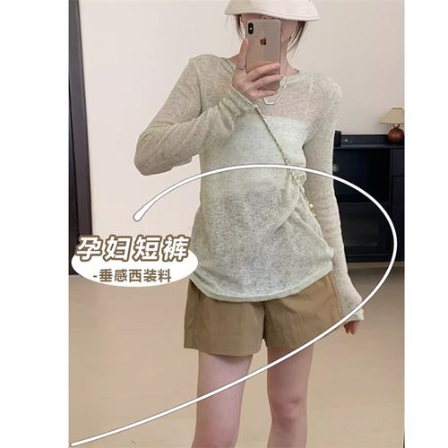 孕妇西装短裤夏季女外穿薄款卡其色宽松直筒五分阔腿裤子休闲中裤