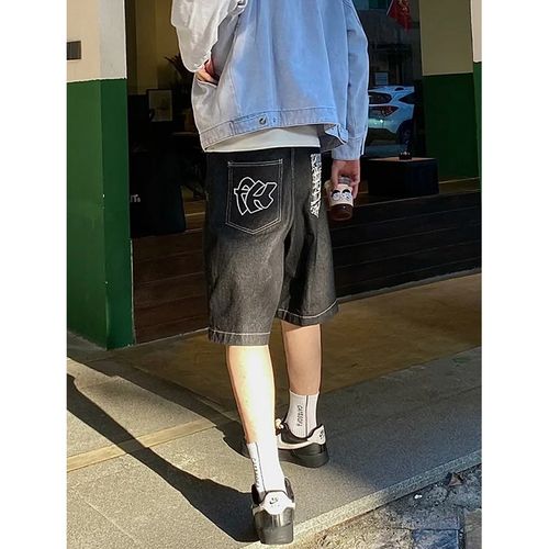 美式高街西海岸刺绣牛仔短裤男女夏季2025宽松潮牌水洗阔腿五分裤