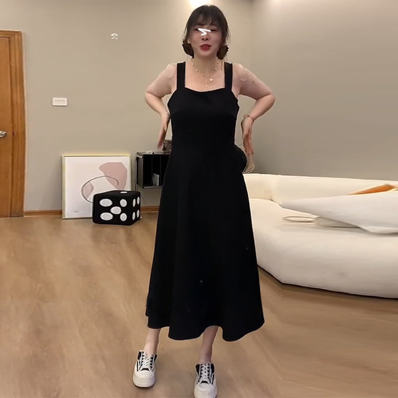 大码针织吊带连衣裙夏季胖mm显瘦宽松遮肚子内搭方领气质背心长裙