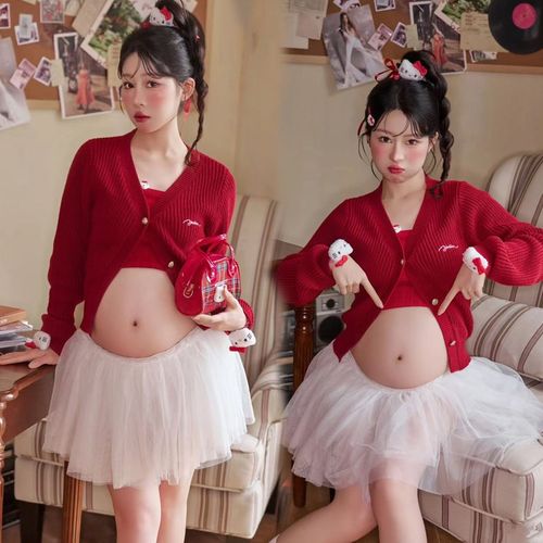 影楼新年红色孕妇拍照服装新款圣诞主题可爱慵懒风在家拍摄影衣服