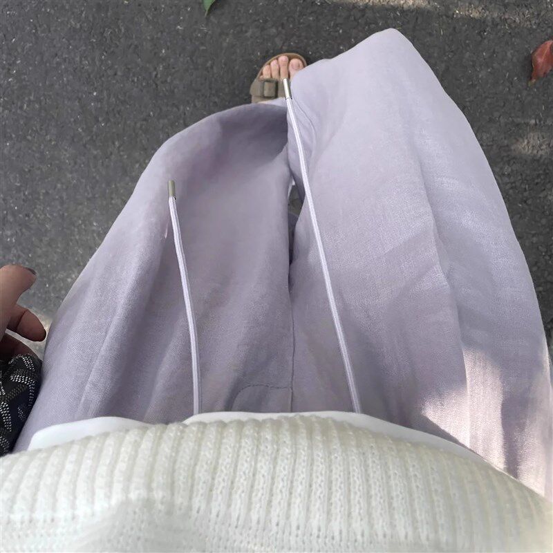 紫色亚麻休闲阔腿裤女夏季薄款今年流行的梧桐裤慵懒松弛直筒裤子