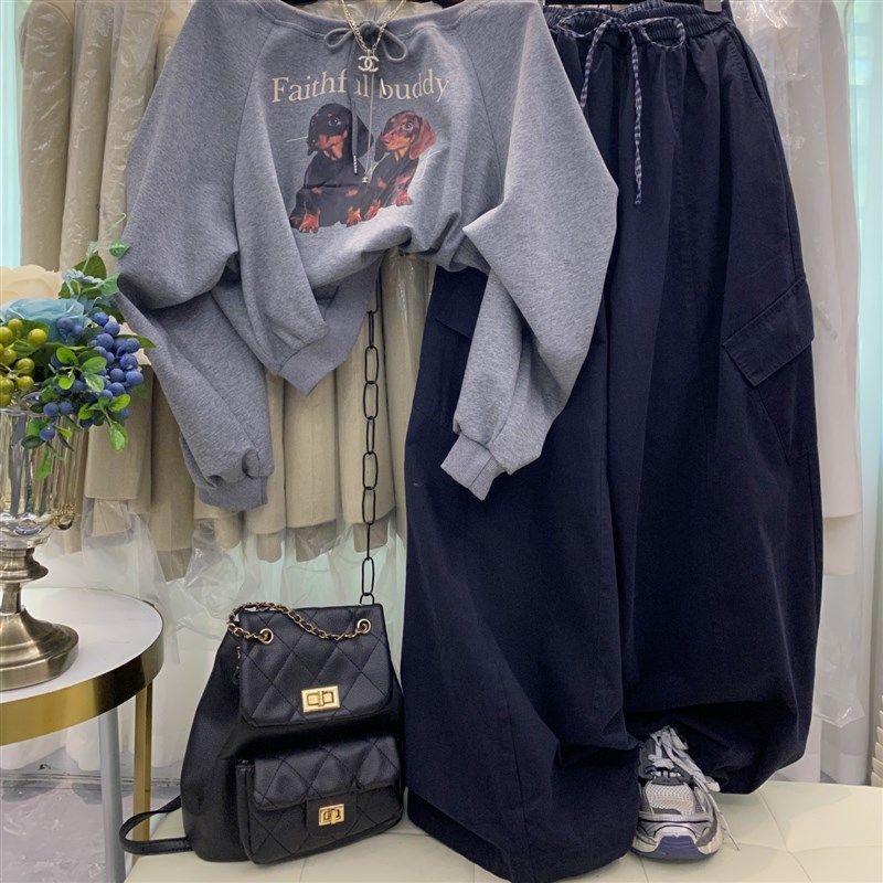 韩版新款简约休闲长裤女高腰显瘦格子绳口袋工装阔腿裤配短款卫衣,女装/女士精品,卫裤,淘宝优惠券,粉丝福利购,淘宝优惠卷