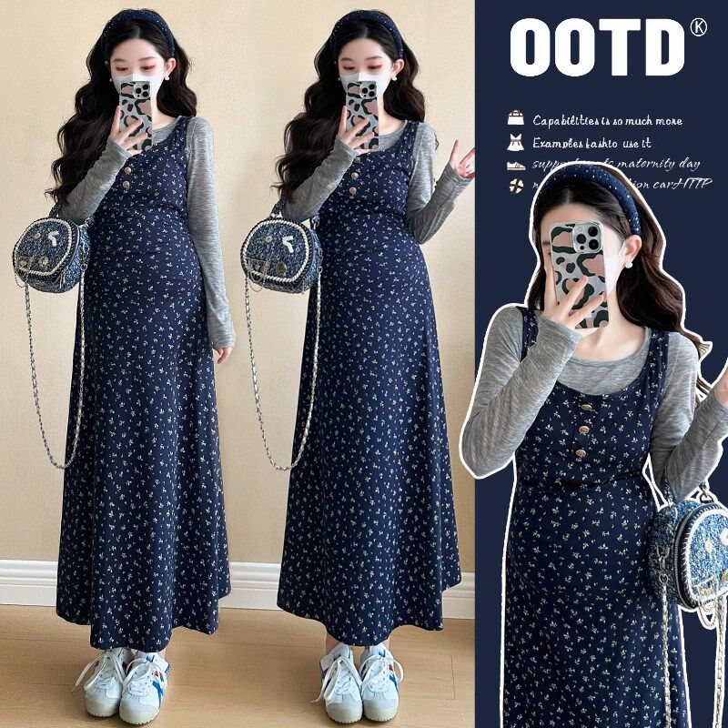 孕妇装2025春季新款韩版中长款碎花收腰背心裙连衣裙打底衫两件套