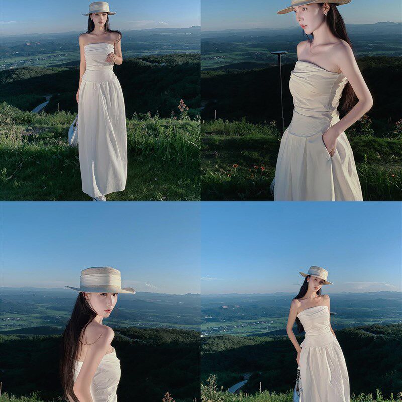 法式海边度假白色抹胸连衣裙子女夏季2025新爆款绝美漂亮套装长裙