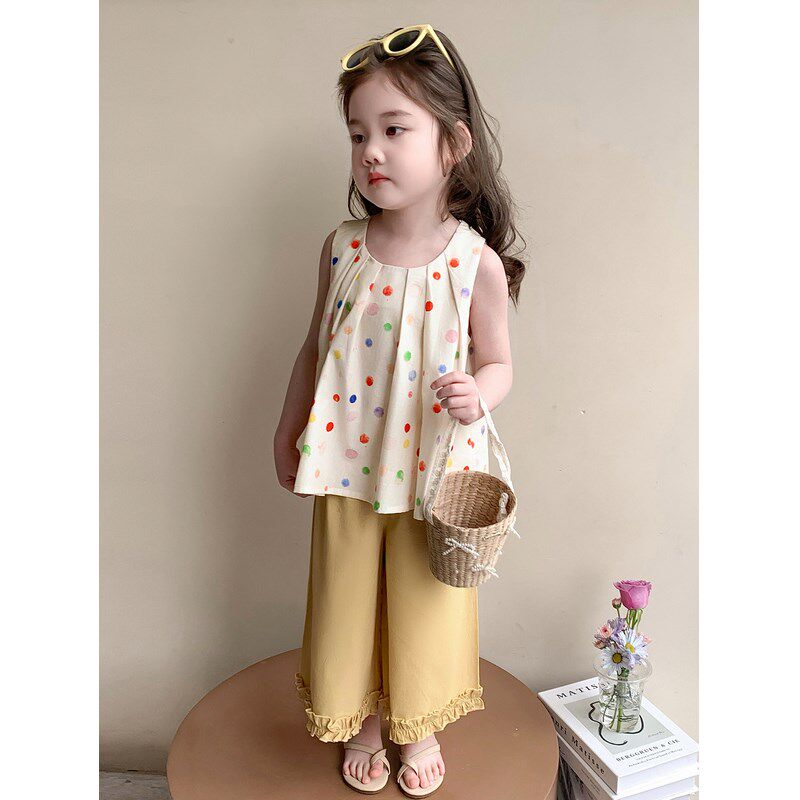 女童夏装短袖套装儿童夏季波点洋气无袖上衣休闲阔腿裤两件套童装