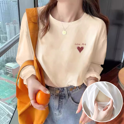 哺乳上衣外出辣妈款秋装外穿纯棉t恤打底衫秋冬产后哺衣哺乳衣服