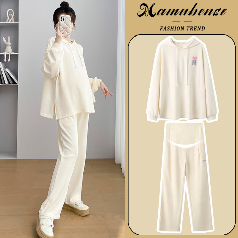 孕妇套装时尚洋气时髦杏色运动休闲卫衣卫裤两件套2024新款春秋款