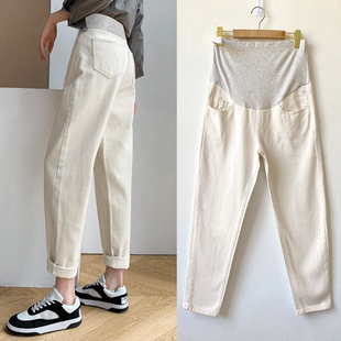 春秋薄款 装 宽松孕妇裤 外穿加绒九分老爹裤 子夏季 米白色孕妇牛仔裤