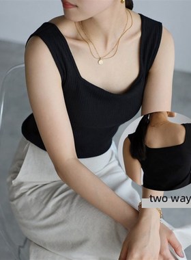 日单春夏时尚休闲百搭方领竖坑条无袖竖坑条针织打底背心女29974