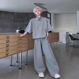 男慵懒风休闲运动阔腿长裤 夏季 卫衣套装 饰短袖 两件套潮 立领纽扣装