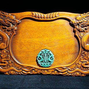 仿古做旧中式花梨木雕刻二龙戏珠砚台摆件仿古做旧实木摆件收藏