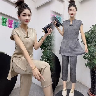 套装 上衣七分裤 女2024夏季 气质盘扣开叉中长款 两件套 新款 国风时尚