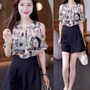 女2025年夏季 套装 新款 洋气质显瘦小衫 两件套 时尚 高腰短裤 雪纺短袖