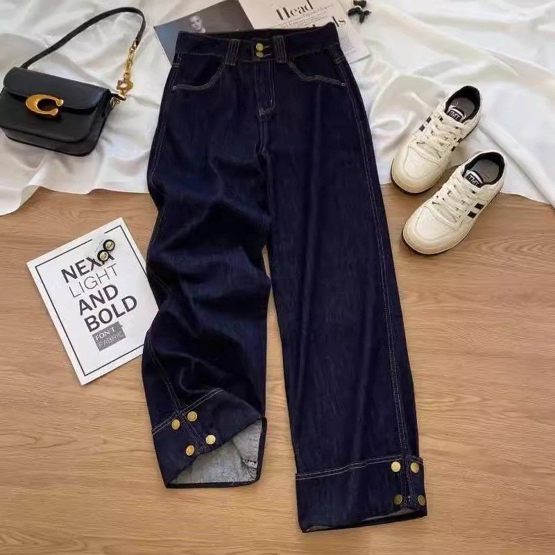 特大码300斤设计感翻边窄版牛仔裤男女冬季宽松休闲显瘦直筒长裤2